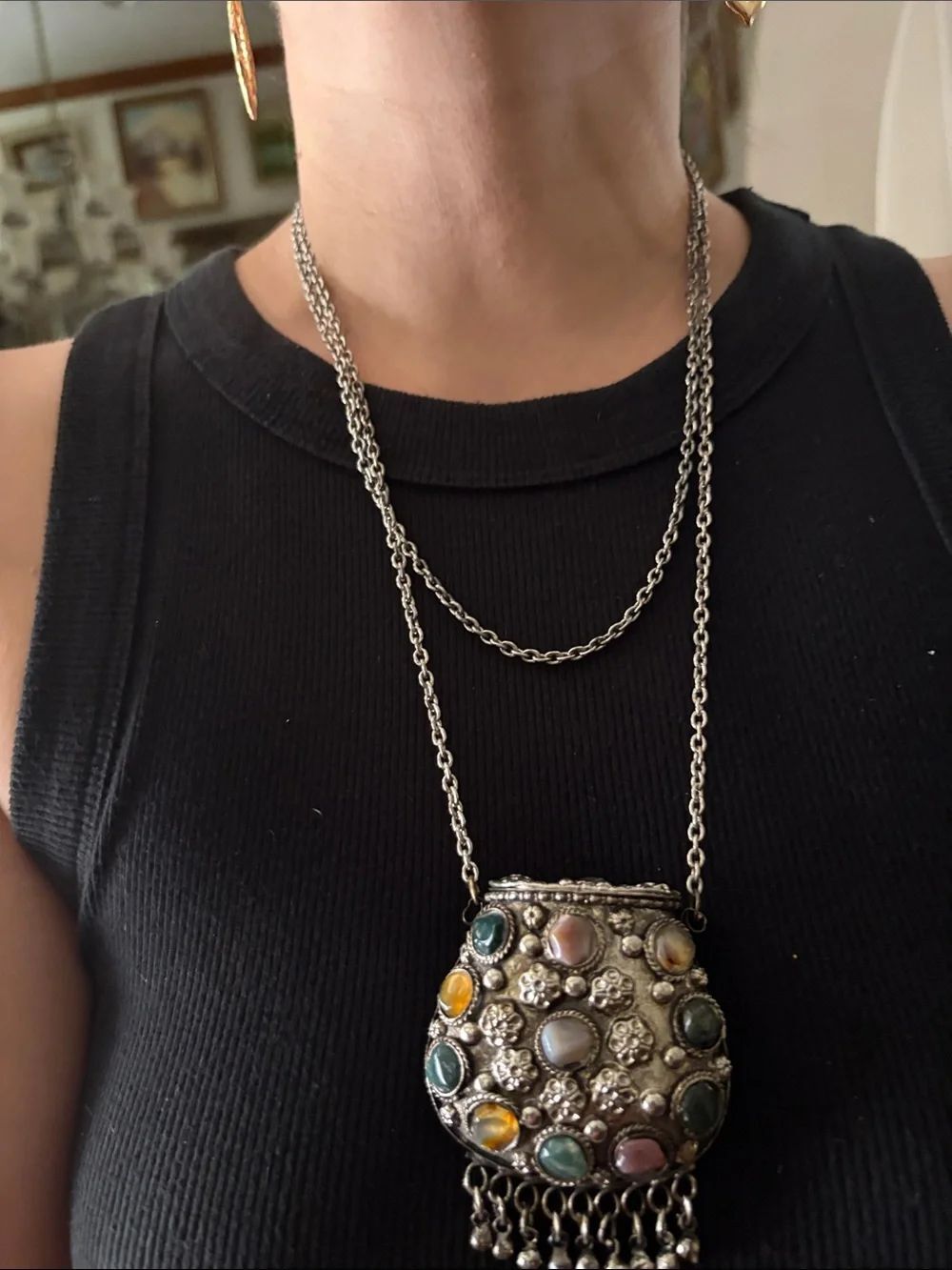 Multicolor Bohemian purse Pendant Necklace with Silver Chain